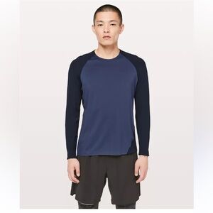 Lululemon Focal Point Training Shirt Men's L Two-Tone Blue Raglan Long Sleeve
